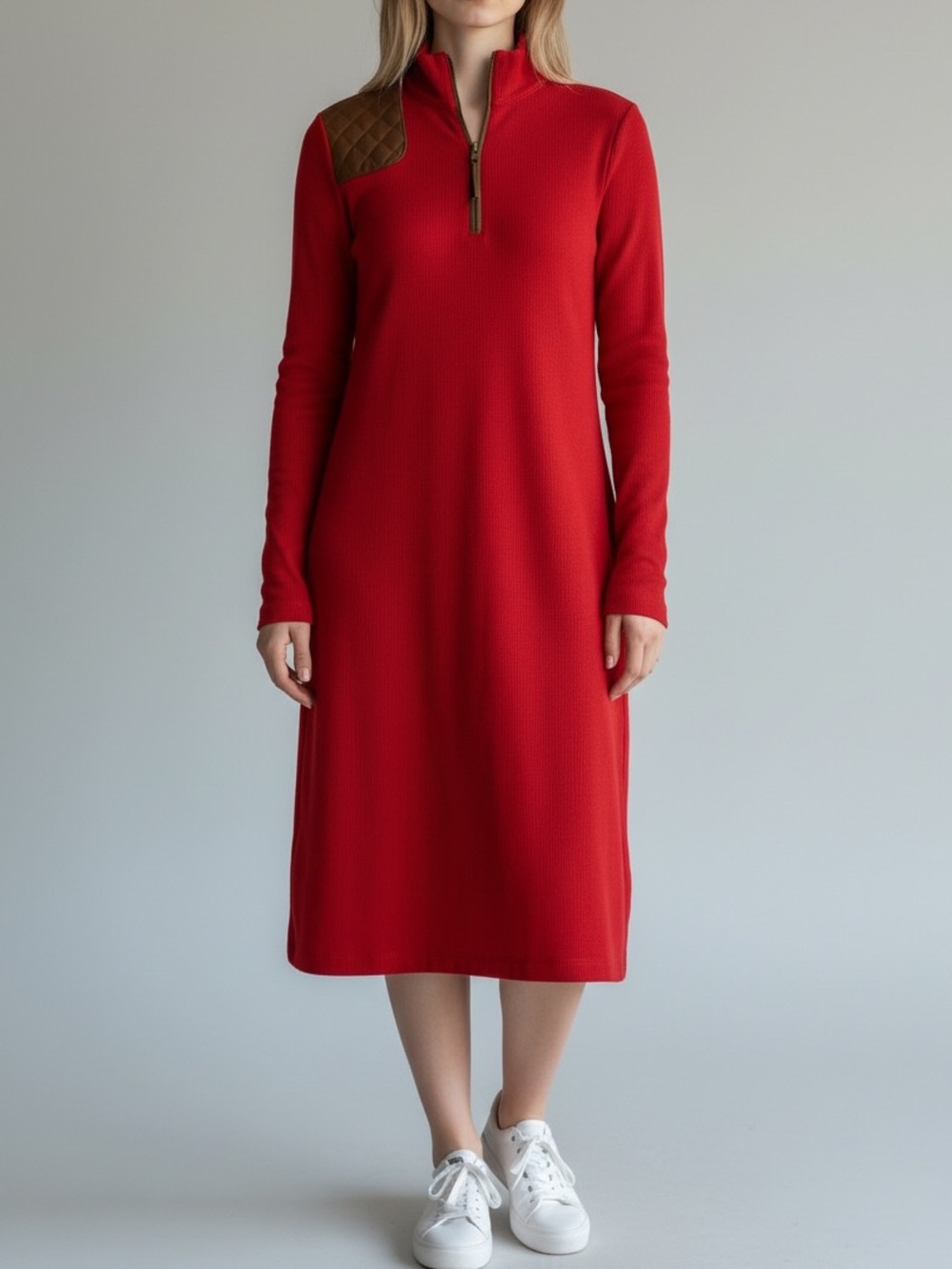 Ralph Lauren Red Long-Sleeve Zip-Neck Cotton Midi Dress Quilted Brown Shoulder